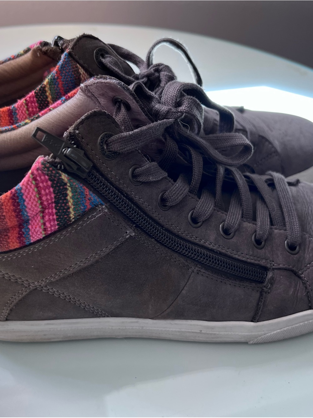 Taos women’s Brown Suede High-Top Sneakers with Colorful Textile Collar
